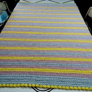 Handmade Crochet Rectangle Baby Blanket Afghan‎ Yellow Blue Pink 53.5" x 45"
